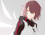  1girl arknights exusiai_(arknights) eyebrows_visible_through_hair ff_frbb122 halo highres jacket looking_away medium_hair multicolored multicolored_clothes multicolored_jacket open_mouth redhead simple_background smile solo_focus white_jacket yellow_eyes 