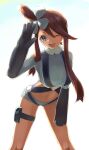  1girl ;d absurdres bangs blue_eyes blue_gloves blue_shorts breasts brown_hair crop_top elbow_gloves gloves gym_leader hair_ornament highres large_breasts leaning_forward long_hair looking_at_viewer micro_shorts midriff navel one_eye_closed open_mouth pokemon pokemon_(game) pokemon_bw shiny shiny_hair shorts simple_background skyla_(pokemon) smile solo standing stomach thigh_strap tied_hair twintails uji_(966qrr) white_background 