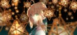  1girl artoria_pendragon_(all) bangs blonde_hair braid collar collared_shirt commentary_request dark_background eyebrows_visible_through_hair fate/stay_night fate_(series) from_side green_ribbon hair_between_eyes hair_bun highres lips looking_at_viewer medium_hair neck_ribbon parted_lips ribbon ro96cu saber shirt sidelocks simple_background solo upper_body white_shirt 