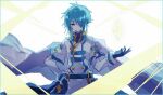  1boy backlighting belt blue_belt blue_eyes blue_gloves blue_hair cape closed_mouth coat eyebrows_visible_through_hair gloves hair_over_one_eye hibi89 looking_at_viewer male_focus merc_storia pants sheath sheathed short_hair solo sword upper_body weapon white_cape white_coat white_pants 