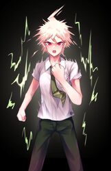  1boy :o absurdres ahoge bangs black_background brown_pants clenched_hand collared_shirt commentary_request cowboy_shot danchu_(danchu0628) dangan_ronpa_(series) dangan_ronpa_2:_goodbye_despair gradient gradient_background green_neckwear hair_between_eyes hand_up highres hinata_hajime hinata_hajime_(awakened) looking_at_viewer male_focus necktie open_mouth pants red_eyes shirt short_hair short_sleeves solo spiky_hair spoilers upper_teeth white_hair white_shirt 