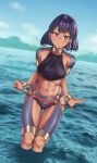  1girl abs absurdres adjusting_clothes blue_hair blush breasts brown_eyes collarbone dark_skin earrings frown hair_ornament highres jewelry midriff original short_hair solo tan toin_(koto54576897) toned traditional_clothes water 