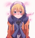  1girl apex_legends bangs blonde_hair blue_eyes blue_gloves blush bodysuit breasts drawstring eyebrows_visible_through_hair gloves hands_together heart highres hood hood_up jacket looking_at_viewer medium_breasts orange_jacket sa10yul smile solo upper_body wattson_(apex_legends) white_background 