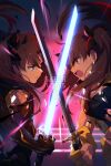  2girls bangs bare_shoulders black_bodysuit black_hair blue_bandeau bodysuit breasts cis05 clenched_teeth cropped_vest crossed_swords dual_persona earrings energy_sword fate/grand_order fate_(series) fingerless_gloves gloves gold_trim grey_eyes hair_ribbon hoop_earrings horns ishtar_(fate)_(all) jewelry katana long_hair medium_breasts multicolored_hair multiple_girls parted_bangs red_eyes redhead ribbon space_ishtar_(fate) sword teeth two-tone_hair two_side_up vest weapon yellow_gloves yellow_vest 
