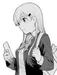  1girl bag bangs blazer bow bowtie breasts cellphone closed_mouth greyscale hair_ornament hairclip highres holding holding_phone jacket kantai_collection long_hair long_sleeves mirui2 monochrome phone school_bag school_uniform simple_background smartphone solo suzuya_(kancolle) upper_body 