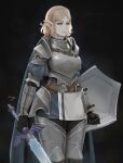  1girl armor armored_boots belt black_background black_gloves blonde_hair boots breastplate breasts cowboy_shot faulds gloves greaves green_eyes highres holding holding_shield holding_sword holding_weapon kumanz large_breasts master_sword plate_armor pointy_ears princess_zelda shield shoulder_armor signature simple_background solo spaulders sword the_legend_of_zelda the_legend_of_zelda:_breath_of_the_wild thigh-highs thigh_boots weapon 