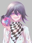  1boy absurdres animal_print bangs bear_print black_hair checkered checkered_scarf commentary_request danchu_(danchu0628) dangan_ronpa_(series) dangan_ronpa_v3:_killing_harmony explosive grenade grey_background hair_between_eyes highres holding jacket long_sleeves looking_at_viewer male_focus open_mouth ouma_kokichi pink_eyes purple_hair ringed_eyes scarf short_hair simple_background smile solo straitjacket upper_body violet_eyes 