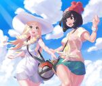  2girls :d absurdres bag beanie black_eyes black_hair blonde_hair blue_sky braid clouds dress floral_print green_eyes green_shorts hat highres holding_hands lillie_(pokemon) long_hair looking_at_another mizuumi_(bb) multiple_girls open_mouth pokemon pokemon_(game) pokemon_sm print_shirt red_headwear selene_(pokemon) shirt shorts sky sleeveless sleeveless_dress smile thighs tied_shirt twin_braids white_dress white_headwear yellow_shirt 