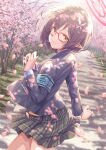  armband ayane_(blue_archive) black_hair blue_archive blush cherry_blossoms glasses hair_ornament halo hirokazu_(analysis-depth) id_card looking_at_viewer looking_back petals pointy_ears school_uniform short_hair smile yellow_eyes 