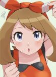 1girl :o arm_up bare_arms blush bow_hairband clenched_hand commentary_request eyelashes grey_eyes hairband highres looking_at_viewer may_(pokemon) nakikot_t open_mouth orange_hairband orange_shirt pokemon pokemon_(game) pokemon_oras shirt sleeveless sleeveless_shirt solo squiggle tongue upper_body 