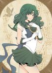  1girl back_bow bishoujo_senshi_sailor_moon blue_bow bow brown_background choker closed_mouth cowboy_shot deep_aqua_mirror elbow_gloves gloves green_eyes green_hair green_neckwear green_sailor_collar green_skirt holding holding_mirror kaiou_michiru long_hair looking_at_viewer magical_girl mirror pleated_skirt sailor_collar sailor_neptune sailor_senshi_uniform skirt smile solo standing super_sailor_neptune wavy_hair white_gloves xiuren 