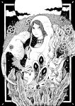  1girl black_eyes claws clouds creature flower greyscale hood hood_up leaf looking_at_viewer monochrome nabe_(zooraa) original plant smile solo upper_body 