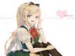  1girl ascot bangs black_bow black_legwear blonde_hair blue_eyes bow bracelet braid breasts character_name commentary_request dangan_ronpa_(series) dangan_ronpa_2:_goodbye_despair dress french_braid gem green_dress green_eyes hair_bow hand_up heart jewelry long_hair looking_at_viewer lower_teeth open_mouth pinafore_dress ponytail puffy_short_sleeves puffy_sleeves red_bow ribbon shirt short_hair short_sleeves sitting skirt small_breasts smile solo sonia_nevermind thigh-highs white_background white_shirt xsinon 
