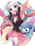  1girl :d beanie black_hair blurry bracelet commentary_request hikari_(pokemon) eyelashes floating_scarf gen_3_pokemon gen_4_pokemon hair_ornament hairclip hat highres holding holding_poke_ball jewelry long_hair looking_at_viewer milotic open_mouth ouri_(aya_pine) piplup poke_ball poke_ball_(basic) pokemon pokemon_(creature) pokemon_(game) pokemon_dppt red_scarf scarf sleeveless smile starter_pokemon teeth tongue white_headwear 