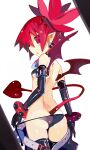  1girl ass back belt black_gloves black_legwear black_panties breasts demon_girl demon_tail demon_wings disgaea earrings elbow_gloves etna from_behind gloves highres jewelry looking_at_viewer makai_senki_disgaea miyakawa106 panties pointy_ears red_eyes redhead simple_background skull_earrings slit_pupils small_breasts solo tail thigh-highs underwear white_background wings wrist_cuffs 