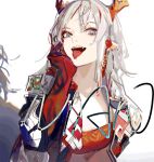  arknights coat earrings horns jewelry long_hair looking_at_viewer multicolored_hair nian_(arknights) nineo ponytail solo strapless streaked_hair tongue tongue_out tube tubetop violet_eyes 