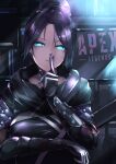  1girl apex_legends bangs black_gloves black_hair black_scarf blue_eyes bodysuit breasts cable copyright_name gloves glowing glowing_eyes hair_bun hand_gesture head_tilt highres kie_(yospcd) logo looking_at_viewer medium_breasts open_mouth parted_bangs scarf sitting solo wraith_(apex_legends) 