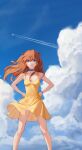  1girl absurdres aircraft airplane bangs blue_choker blue_eyes blue_sky bracelet breasts brown_hair choker closed_mouth clouds collarbone condensation_trail day dress drid floating_hair frown hair_between_eyes hands_on_hips headgear highres jewelry long_hair neon_genesis_evangelion outdoors ribbon shiny shiny_hair short_dress sky sleeveless sleeveless_dress small_breasts solo souryuu_asuka_langley standing twitter_username very_long_hair yellow_dress yellow_ribbon 