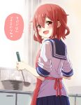  1girl :d absurdres apron blue_sailor_collar blue_skirt brown_hair eyebrows_visible_through_hair fang from_behind hair_between_eyes highres holding holding_ladle huge_filesize ikazuchi_(kancolle) jewelry kantai_collection kitchen ladle lightning looking_at_viewer looking_back open_mouth orange_eyes raglan_sleeves red_apron ring sailor_collar school_uniform serafuku short_hair signature skin_fang skirt smile solo speech_bubble translation_request unagiman 