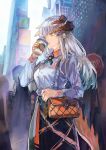  1girl arknights bag casual coffee dragon_girl dragon_horns horns looking_afar orange_eyes pomelo_(ice_blue585) saria_(arknights) shoulder_bag skirt solo tail white_hair 