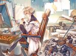  arknights chair coat eating food food_in_mouth joints labcoat mayer_(arknights) medium_hair messy_room pizza pomelo_(ice_blue585) robot robot_joints room shoes short_hair sidelocks sitting sneakers thigh-highs tomboy 