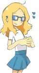  1girl ahoge bangs blonde_hair blue-framed_eyewear blue_eyes blush borrowed_character commentary cowboy_shot flat_chest freckles glasses hands_together hands_up happy heart highres light_blush long_hair looking_to_the_side miniskirt original parted_bangs shiny shiny_hair shirt short_sleeves sideways_mouth simple_background sketch skirt smile solo sp_(sweet_potato) standing steepled_fingers symbol_commentary teeth white_background white_shirt 