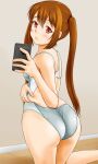  1girl ass brown_hair cellphone commentary_request competition_swimsuit cowboy_shot grey_swimsuit highres iphone long_hair looking_at_viewer looking_back one-piece_swimsuit original phone red_eyes smartphone solo standing swimsuit thick_thighs thighs tk4 twintails 