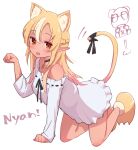  1girl :d all_fours animal_ears blonde_hair blush cat_ears cat_tail dark_elf dark_skin elf full_body hololive jewelry kemonomimi_mode long_hair long_sleeves looking_at_viewer necklace open_mouth orange_eyes paw_pose paw_shoes pointy_ears ribbon sasaki_(glass1138) shiranui_flare shoes simple_background smile solo tail tail_ornament tail_raised tail_ribbon virtual_youtuber white_background 