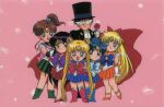  1990s_(style) 1boy 5girls aino_minako arms_behind_back bishoujo_senshi_sailor_moon black_hair blonde_hair blue_footwear blue_hair blue_skirt boots bow brown_hair cape chiba_mamoru chibi crossed_arms double_bun elbow_gloves eyebrows_visible_through_hair flower gloves green_footwear green_skirt hair_bobbles hair_ornament hat heel_raised height_difference high_ponytail hino_rei holding_hose inner_senshi kino_makoto knee_boots long_hair looking_at_viewer mizuno_ami multiple_girls official_art open_mouth orange_footwear orange_skirt pink_background pink_footwear pleated_skirt red_flower red_footwear red_rose red_skirt retro_artstyle rose sailor_jupiter sailor_mars sailor_mercury sailor_moon sailor_senshi sailor_venus short_hair skirt smile standing strappy_heels tiara top_hat tsukino_usagi tuxedo tuxedo_kamen twintails very_long_hair 