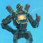  apex_legends blue_background character_name hand_on_hip leaning_to_the_side looking_at_viewer no_humans one-eyed pathfinder_(apex_legends) red_eyes robot science_fiction smiley_face solo tamtam thumbs_up 