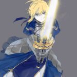  1girl ahoge armor armored_dress artoria_pendragon_(all) bangs blef blonde_hair blue_dress blue_eyes blue_ribbon breastplate collared_dress commentary_request dress excalibur_(fate/stay_night) fate/stay_night fate_(series) gauntlets grey_background hair_between_eyes hair_ribbon highres holding holding_sword holding_weapon long_sleeves looking_at_viewer medium_hair parted_lips puffy_long_sleeves puffy_sleeves ribbon saber simple_background solo standing sword weapon 