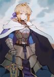  1girl ahoge armor armored_dress artoria_pendragon_(all) blonde_hair blue_cape blue_dress braid breastplate cape closed_mouth clouds cloudy_sky collared_dress commentary_request dress excalibur_(fate/stay_night) fate/grand_order fate_(series) fur-trimmed_cape fur_trim gauntlets green_eyes hair_ribbon holding holding_sword holding_weapon lips long_dress long_sleeves looking_at_viewer medium_hair ribbon saber sheath sheathed sidelocks sky solo standing sword weapon yueko_(jiayue_wu) 