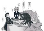  1boy 2girls abigail_williams_(fate) ahoge alternate_hairstyle arm_wrestling arms_on_table ashiya_douman_(fate) asymmetrical_hair bangs black_bow black_nails bonnet bow clapping disappointed earrings fate/grand_order fate_(series) forehead fujimaru_ritsuka_(female) hair_bow hair_intakes hair_ornament hair_scrunchie highres jewelry long_hair magatama magatama_earrings midriff multicolored_hair multiple_bows multiple_girls multiple_hair_bows official_alternate_costume one_side_up parted_bangs polar_chaldea_uniform scrunchie side_ponytail single_bare_shoulder sleeves_past_fingers sleeves_past_wrists smile struggling stuffed_animal stuffed_toy teddy_bear tobi0728 translation_request two-tone_hair very_long_fingernails very_long_hair 
