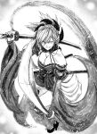  1girl dual_wielding fate/grand_order fate_(series) greyscale high_heels holding katana koyubi_(littlefinger1988) miyamoto_musashi_(fate) monochrome sword weapon 