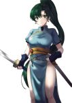  1girl asymmetrical_bangs bangs bare_legs blue_dress blue_gloves breasts closed_mouth commentary_request dress earrings feet_out_of_frame fingerless_gloves fire_emblem fire_emblem:_the_blazing_blade gloves green_eyes green_hair hair_between_eyes high_ponytail highres holding holding_sword holding_weapon jewelry katana large_breasts long_hair looking_at_viewer lyn_(fire_emblem) pelvic_curtain ponytail sash shadow sheath shiny shiny_clothes shiny_skin short_sleeves side_slit simple_background smile solo sword thighs ume_ryou weapon 