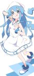  1girl :q blue_eyes blue_hair blush_stickers commentary_request dress hat highres ikamusume ixy long_hair looking_at_viewer shinryaku!_ikamusume shoes simple_background sleeveless sleeveless_dress solo squid_hat standing tentacle_hair tongue tongue_out white_dress white_footwear 