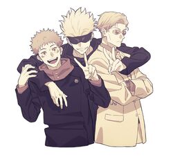  3boys :d arm_around_shoulder black_jacket blindfold blonde_hair brown_eyes brown_hair closed_mouth covered_eyes crossed_arms facial_mark facing_viewer formal gakuran gojou_satoru grin hands_up high_collar highres hood hood_down hoodie itadori_yuuji jacket jujutsu_kaisen long_sleeves looking_at_viewer male_focus multiple_boys nanami_kento necktie open_mouth red_hoodie round_eyewear school_uniform short_hair simple_background smile suit sunglasses tsuu_(tu-3) upper_body upper_teeth v watch watch white_background white_hair yellow_jacket 