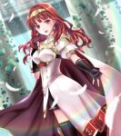  1girl :d armor black_gloves black_legwear blurry breastplate cape celica_(fire_emblem) depth_of_field earrings feathers fingerless_gloves fire_emblem fire_emblem_echoes:_shadows_of_valentia gloves jewelry kakiko210 long_hair open_mouth outstretched_arm red_eyes redhead short_sleeves smile solo tiara white_feathers 