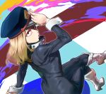  1girl 4o080_yotabnc black_bodysuit blonde_hair bodysuit boku_no_hero_academia boots brown_eyes commentary_request crossed_legs hat high_heel_boots high_heels highres latex_bodysuit long_hair parted_lips peaked_cap sitting solo utsushimi_kemii white_footwear 