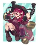  1girl absurdres american_football_(object) artist_name bandaid bandaid_on_knee bandaid_on_leg bangs bike_shorts black_shorts blunt_bangs blunt_ends boots clam_shell colored_tongue commentary domino_mask dual_wielding fang fangs floating highres holding ink_tank_(splatoon) inkling inkling_(language) knees_up long_hair long_sleeves looking_at_viewer mask mikoshiba_m open_mouth pointy_ears print_shirt purple_footwear purple_hair purple_shirt purple_tongue shirt shorts signature single_vertical_stripe skin_fang smile solo splat_dualies_(splatoon) splatoon_(series) splatoon_2 straight-laced_footwear tentacle_hair violet_eyes 
