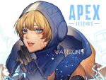  1girl apex_legends bangs blonde_hair blue_gloves character_name electricity eyebrows_visible_through_hair gloves hands_together highres hood hood_up jacket lichtenberg_figure looking_at_viewer mizutama_(mao11260510) open_mouth orange_jacket scar scar_on_cheek scar_on_face solo upper_body wattson_(apex_legends) 