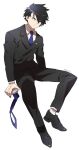  1boy black_footwear black_hair black_suit blue_neckwear formal full_body headband_removed highres long_sleeves looking_at_viewer male_focus minamino_tetsuo necktie simple_background socks solo suit taiso_samurai tetsu_(teppei) white_background white_legwear 