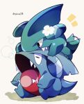  bubble drooling flower gen_4_pokemon gible highres jacknaiff no_humans open_mouth pokemon pokemon_(creature) saliva sharp_teeth sitting tail tail_wagging teeth tongue white_flower 