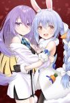  2girls absurdres bare_shoulders blue_hair bow cowboy_shot heart heart_background highres hololive hololive_indonesia hug huge_filesize light_blush long_hair looking_at_viewer moona_hoshinova multiple_girls ogamo_tou purple_hair red_bow smile usada_pekora virtual_youtuber white_hair 