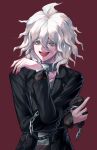  1boy :d absurdres black_jacket black_nails chain chained collar commentary_request cuffs danchu_(danchu0628) dangan_ronpa_(series) dangan_ronpa_another_episode:_ultra_despair_girls grey_eyes grey_hair hand_up handcuffs highres holding jacket komaeda_nagito long_sleeves looking_at_viewer male_focus medium_hair messy_hair metal_collar nail_polish official_alternate_costume open_clothes open_jacket open_mouth pale_skin red_background red_nails shirt short_hair simple_background smile solo striped striped_shirt teeth upper_body upper_teeth white_hair 