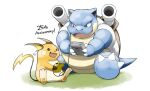  :d anniversary blastoise commentary_request eye_contact game_boy gen_1_pokemon handheld_game_console highres holding holding_handheld_game_console kinoshita_jiroh looking_at_another no_humans open_mouth playing_games pokemon pokemon_(creature) raichu sitting smile toes tongue 