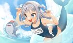  1girl :d absurdres bloop_(gawr_gura) blue_eyes blue_hair blue_nails blue_sky blush bubble claw_pose clouds cloudy_sky day fish_tail gawr_gura grey_hair hair_ornament highres hololive hololive_english innertube kuma_daigorou looking_at_another looking_back medium_hair multicolored_hair one-piece_swimsuit open_mouth see-through shark_hair_ornament shark_tail sharp_teeth sky smile streaked_hair sweatdrop swimsuit tail teeth two_side_up water 