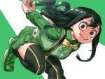  1girl 4o080_yotabnc :&gt; asui_tsuyu boku_no_hero_academia bow bow_by_hair bowtie breasts commentary_request green_background green_footwear green_hair green_skirt hair_between_eyes hair_rings highres long_hair low-tied_long_hair medium_breasts pleated_skirt skirt solo suspender_skirt suspenders thigh-highs white_background yellow_neckwear 