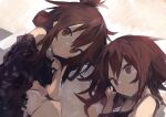  2girls absurdres bangs bare_shoulders black_shirt brown_eyes brown_hair expressionless folded_ponytail hair_between_eyes highres ikazuchi_(kancolle) inazuma_(kancolle) kaamin_(mariarose753) kantai_collection looking_at_viewer lying multiple_girls off-shoulder_shirt off_shoulder on_side shirt sidelocks smile 