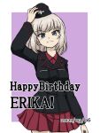  1girl bangs birthday black_headwear black_jacket blue_eyes border closed_mouth commentary cowboy_shot dated dress_shirt english_text eyebrows_visible_through_hair frown garrison_cap girls_und_panzer hand_on_headwear happy_birthday hat insignia itsumi_erika jacket kuromorimine_military_uniform long_sleeves looking_at_viewer medium_hair military military_hat military_uniform miniskirt outside_border pleated_skirt purple_background red_shirt red_skirt shirt silver_hair skirt solo standing takahashi_kurage uniform white_border wing_collar 